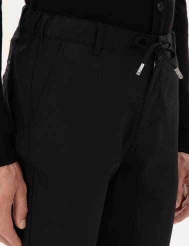 Siyah Slim Fit Beli Lastikli Bağcıklı Kanvas Pantolon