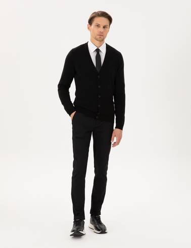 Siyah Slim Fit Beli Lastikli Bağcıklı Kanvas Pantolon