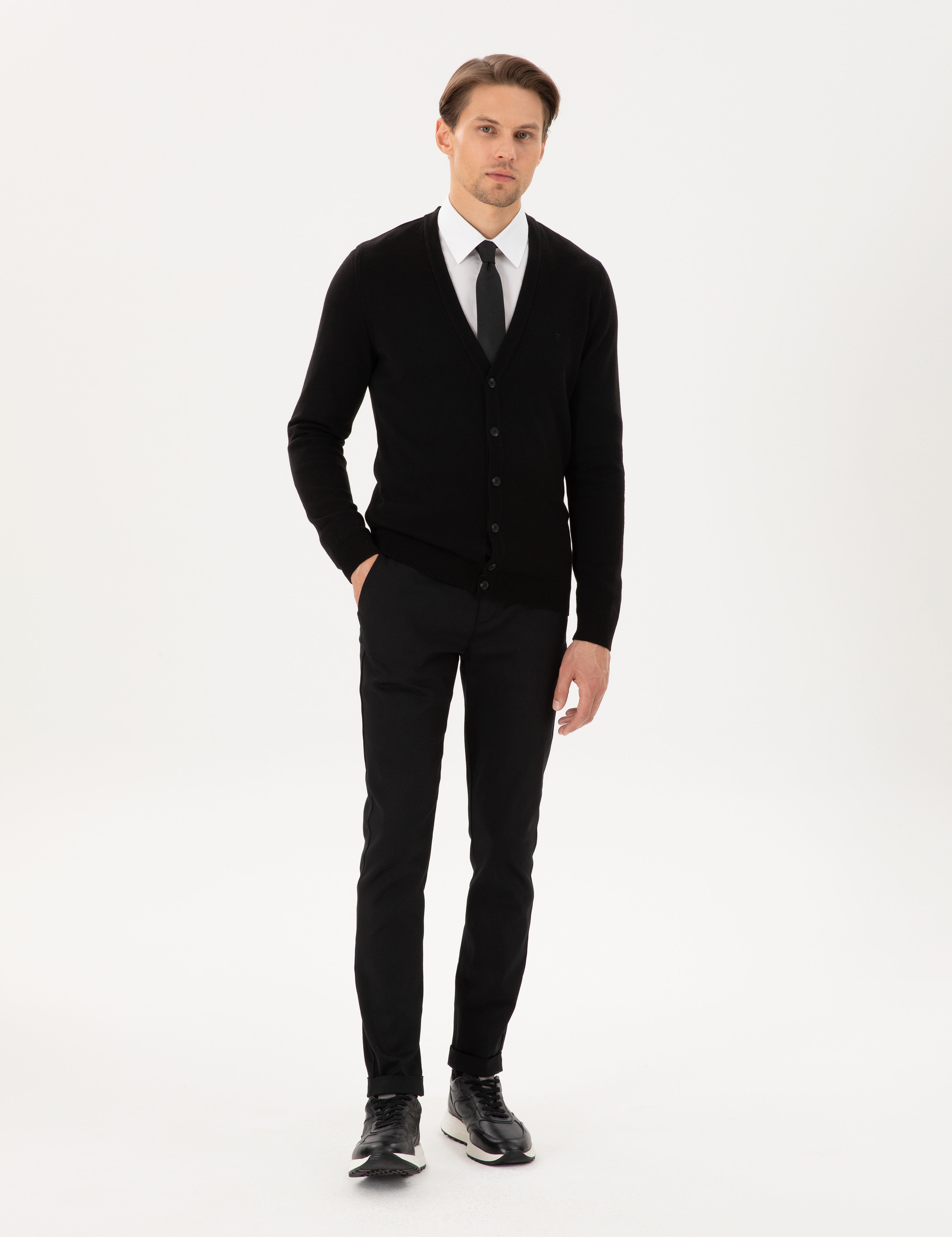 Siyah Slim Fit Beli Lastikli Bağcıklı Kanvas Pantolon - Image 3