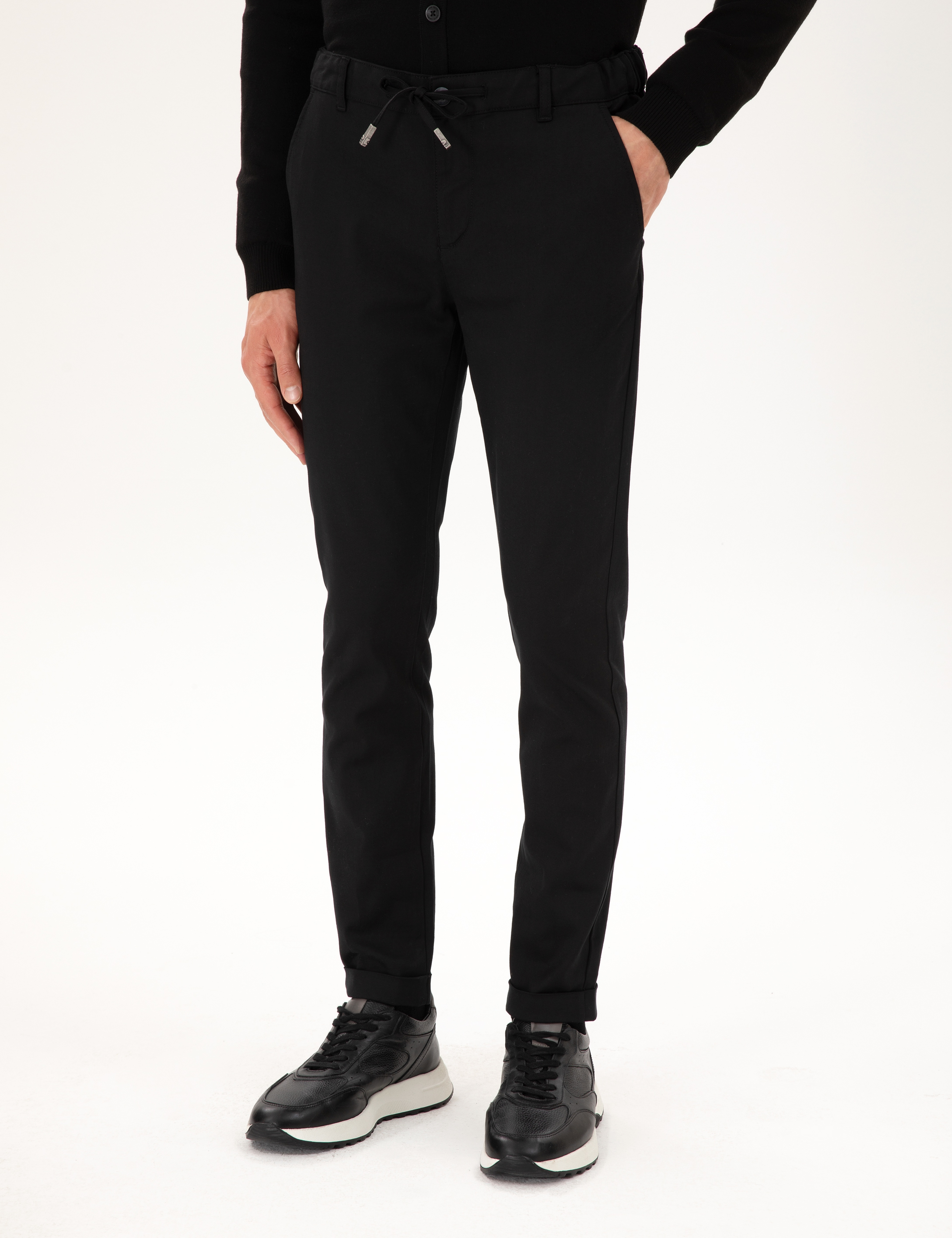 Siyah Slim Fit Beli Lastikli Bağcıklı Kanvas Pantolon - Image 2