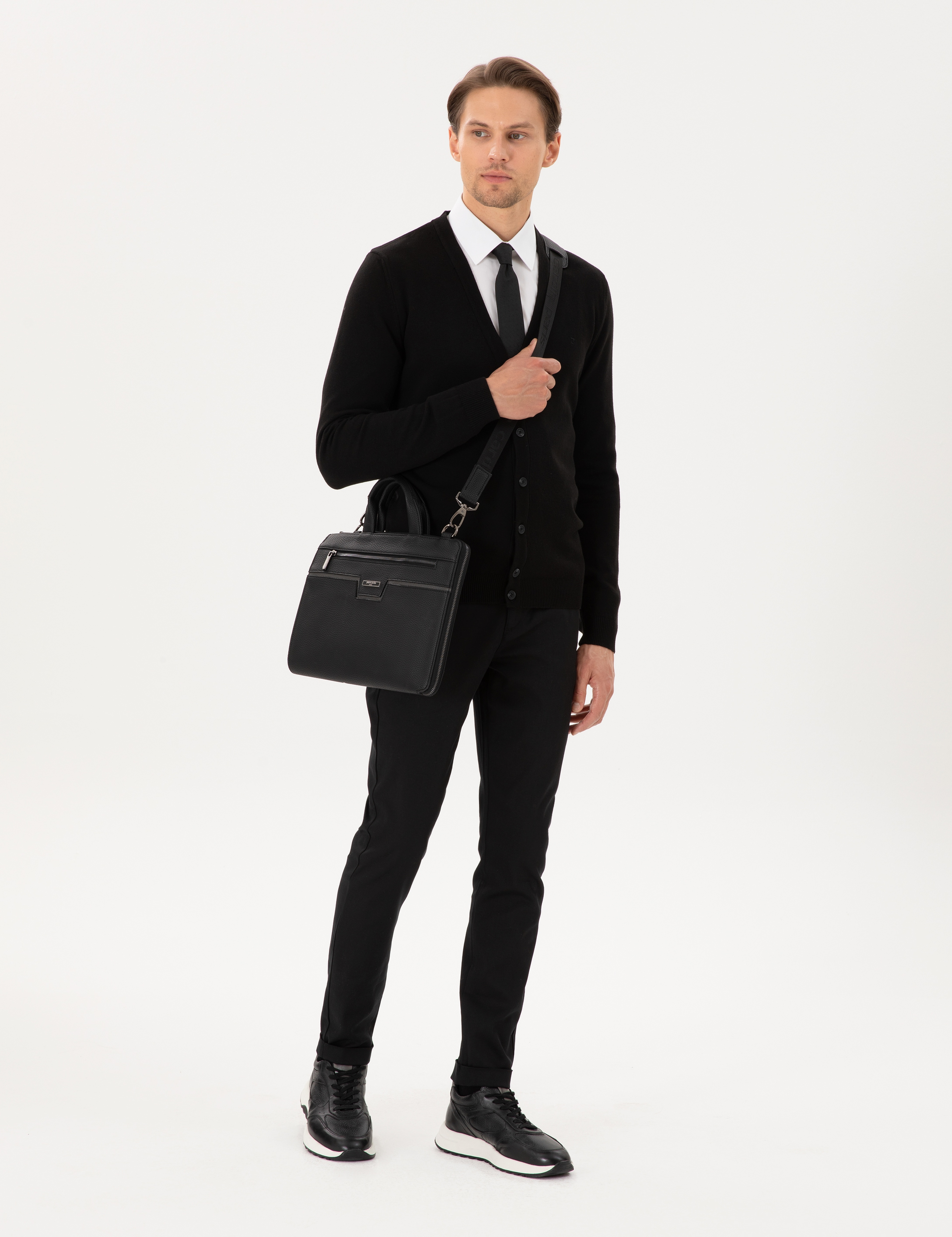 Siyah Slim Fit Beli Lastikli Bağcıklı Kanvas Pantolon - Image 1