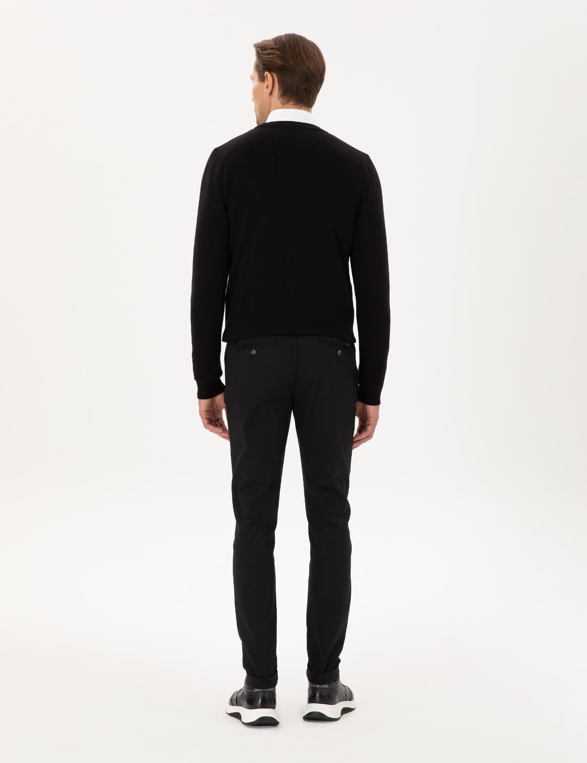 Siyah Slim Fit Beli Lastikli Bağcıklı Kanvas Pantolon - 50295932004