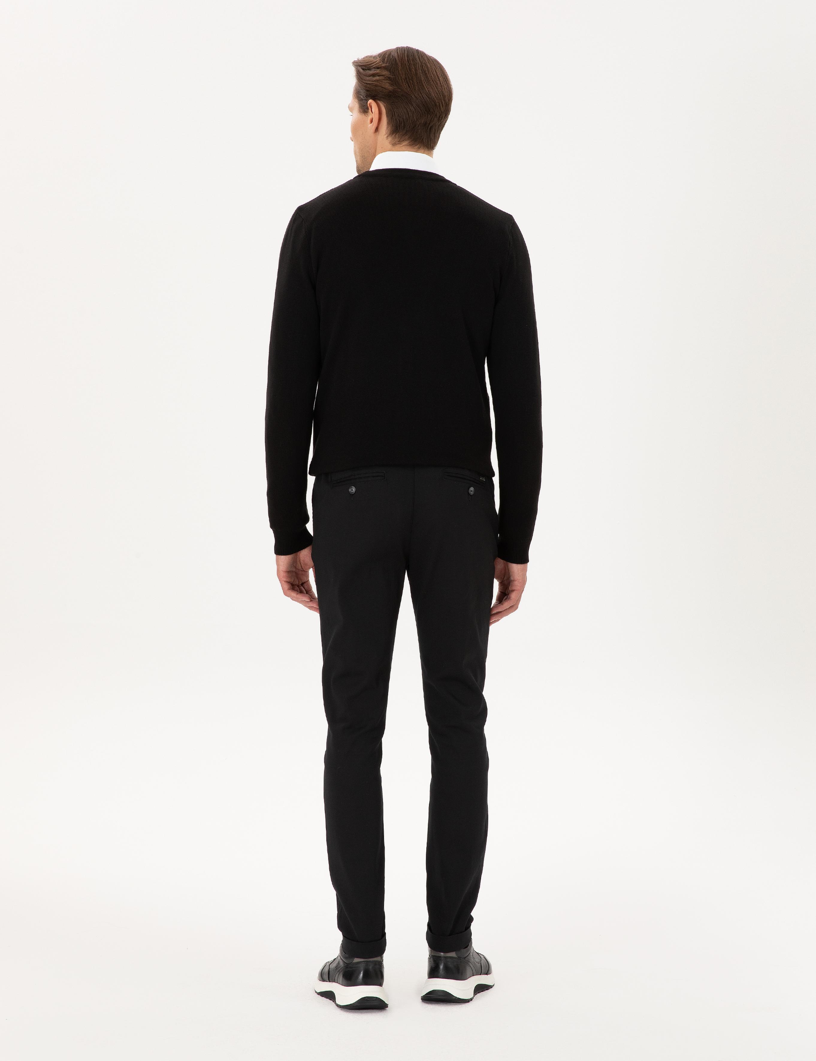 Siyah Slim Fit Beli Lastikli Bağcıklı Kanvas Pantolon