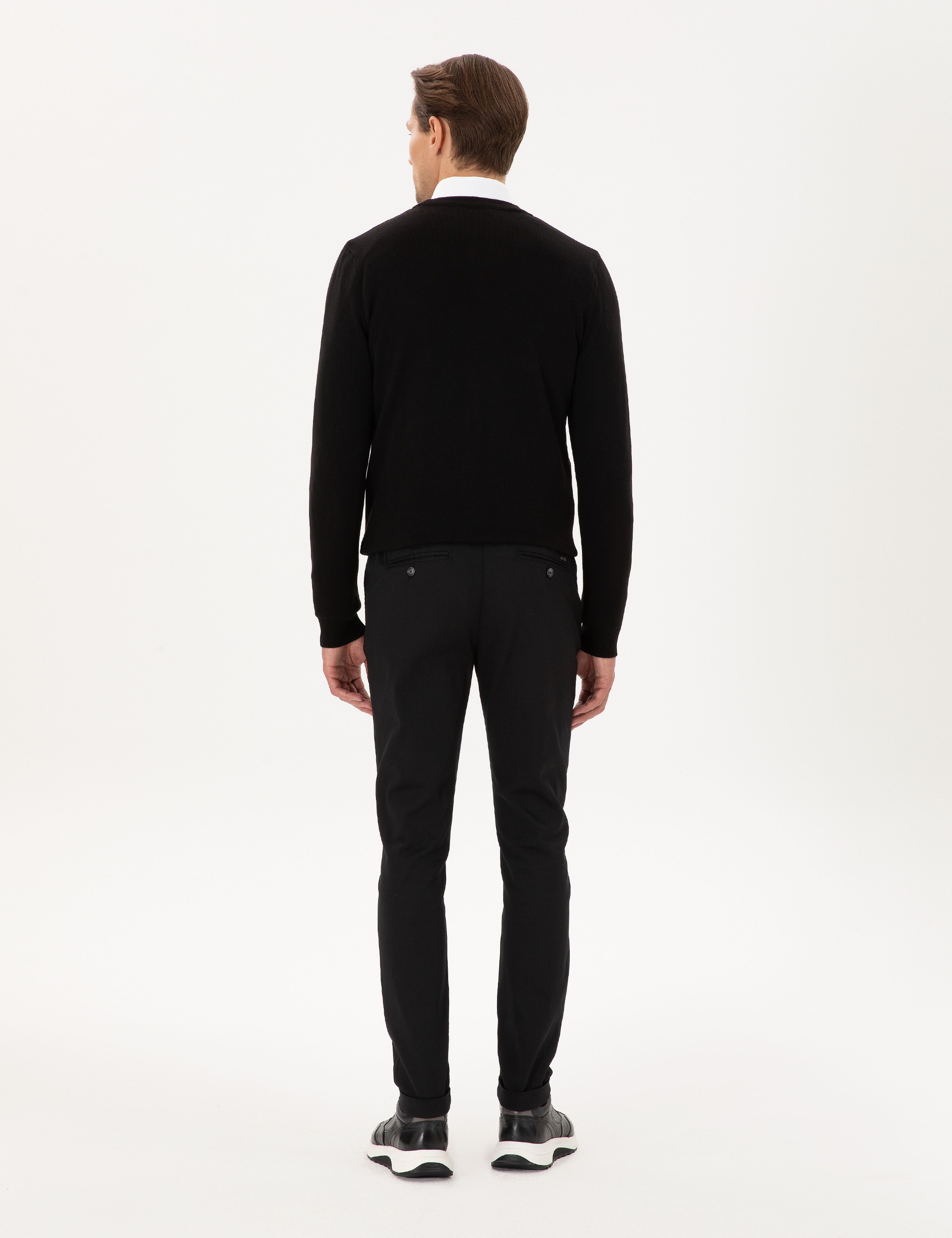 Siyah Slim Fit Beli Lastikli Bağcıklı Kanvas Pantolon