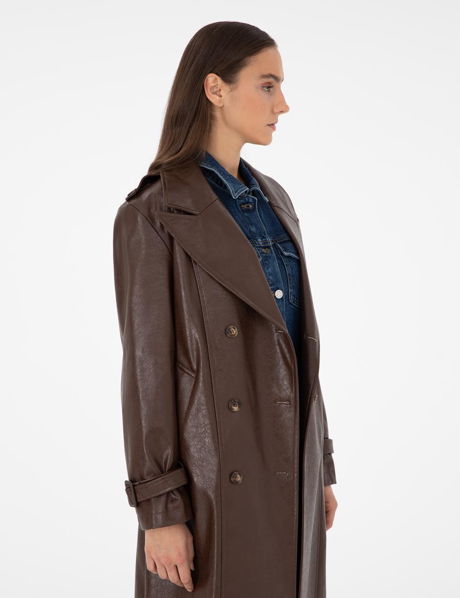 Kahverengi Suni Deri Trençkot