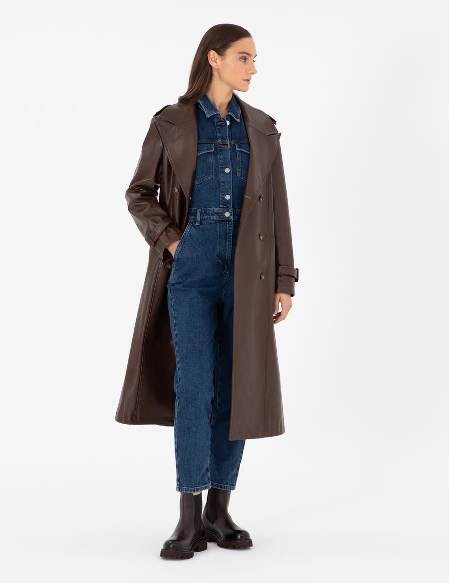 Kahverengi Suni Deri Trençkot