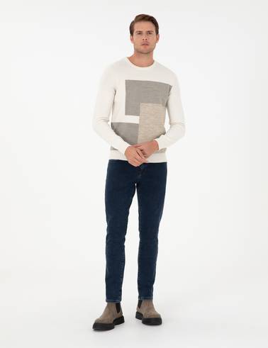 Ekru Slim Fit Bisiklet Yaka Triko Kazak