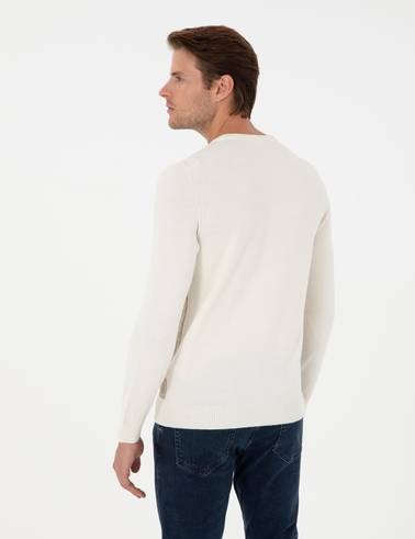 Ekru Slim Fit Bisiklet Yaka Triko Kazak