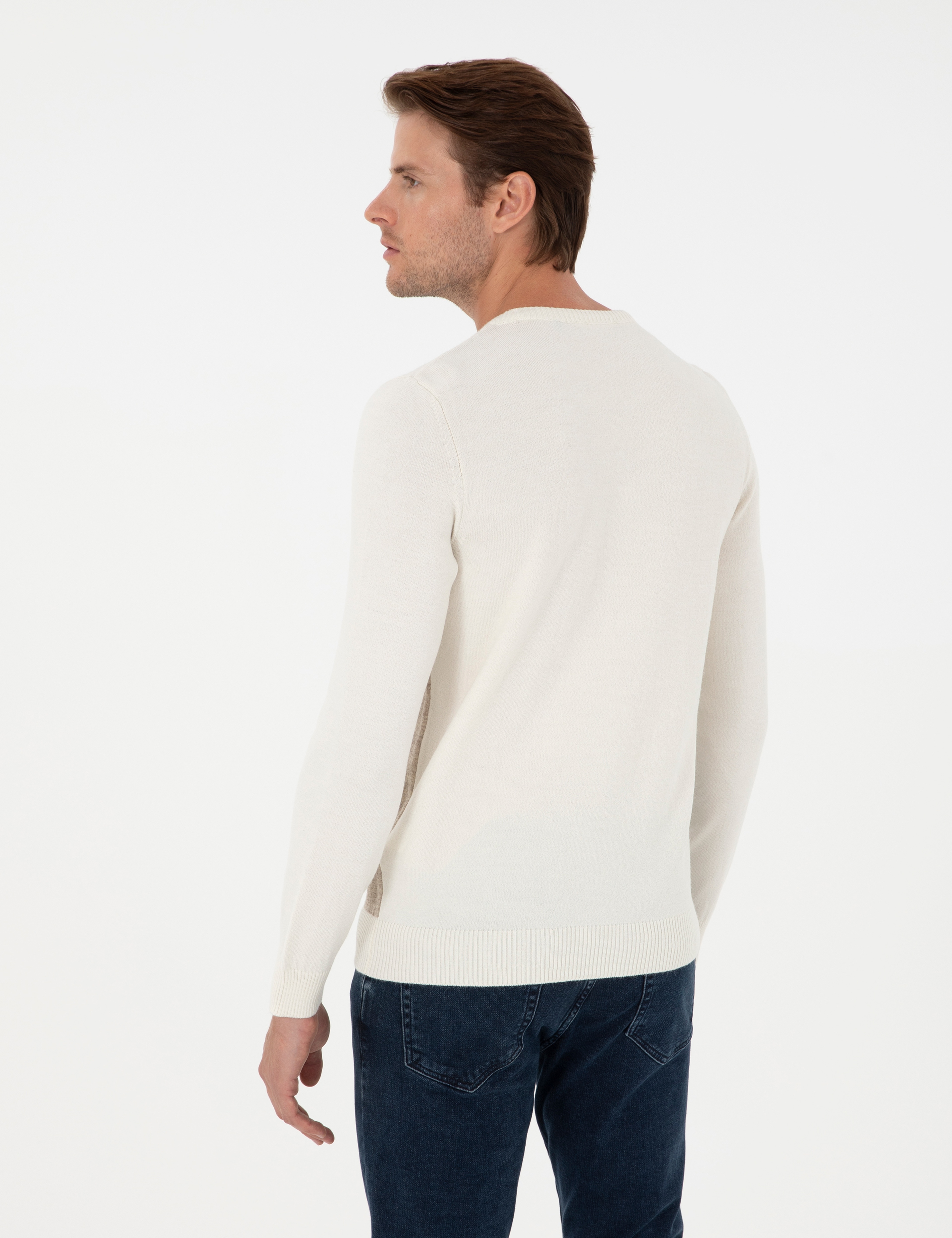 Ekru Slim Fit Bisiklet Yaka Triko Kazak - Image 5