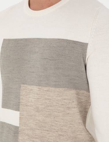 Ekru Slim Fit Bisiklet Yaka Triko Kazak