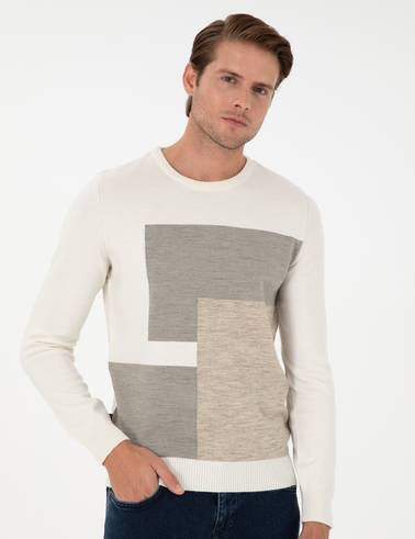 Ekru Slim Fit Bisiklet Yaka Triko Kazak