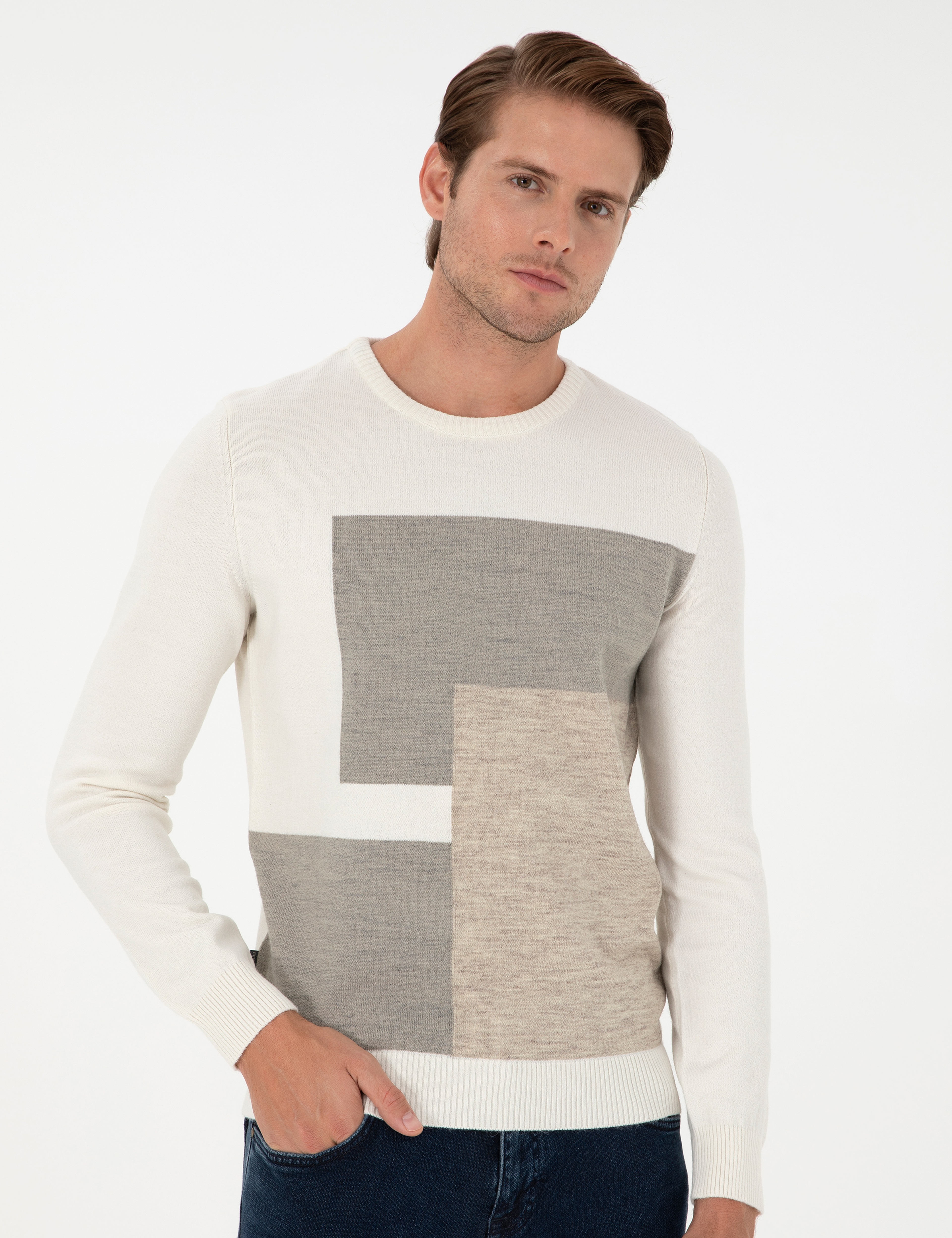 Ekru Slim Fit Bisiklet Yaka Triko Kazak - Image 3