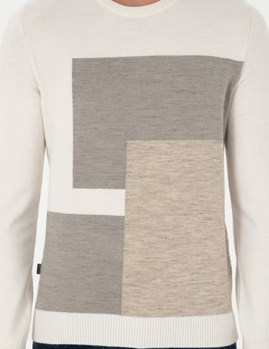 Ekru Slim Fit Bisiklet Yaka Triko Kazak