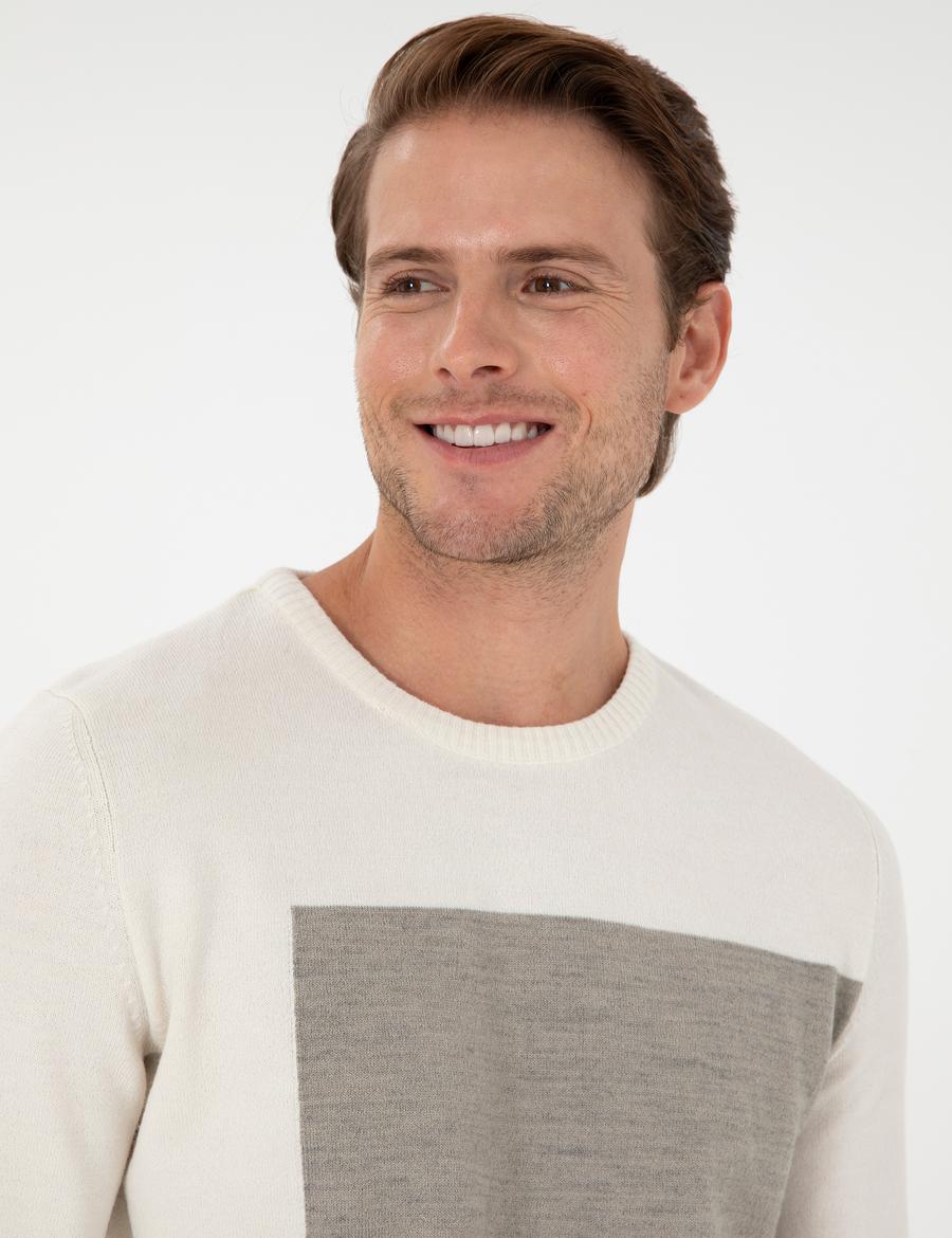 Ekru Slim Fit Bisiklet Yaka Triko Kazak