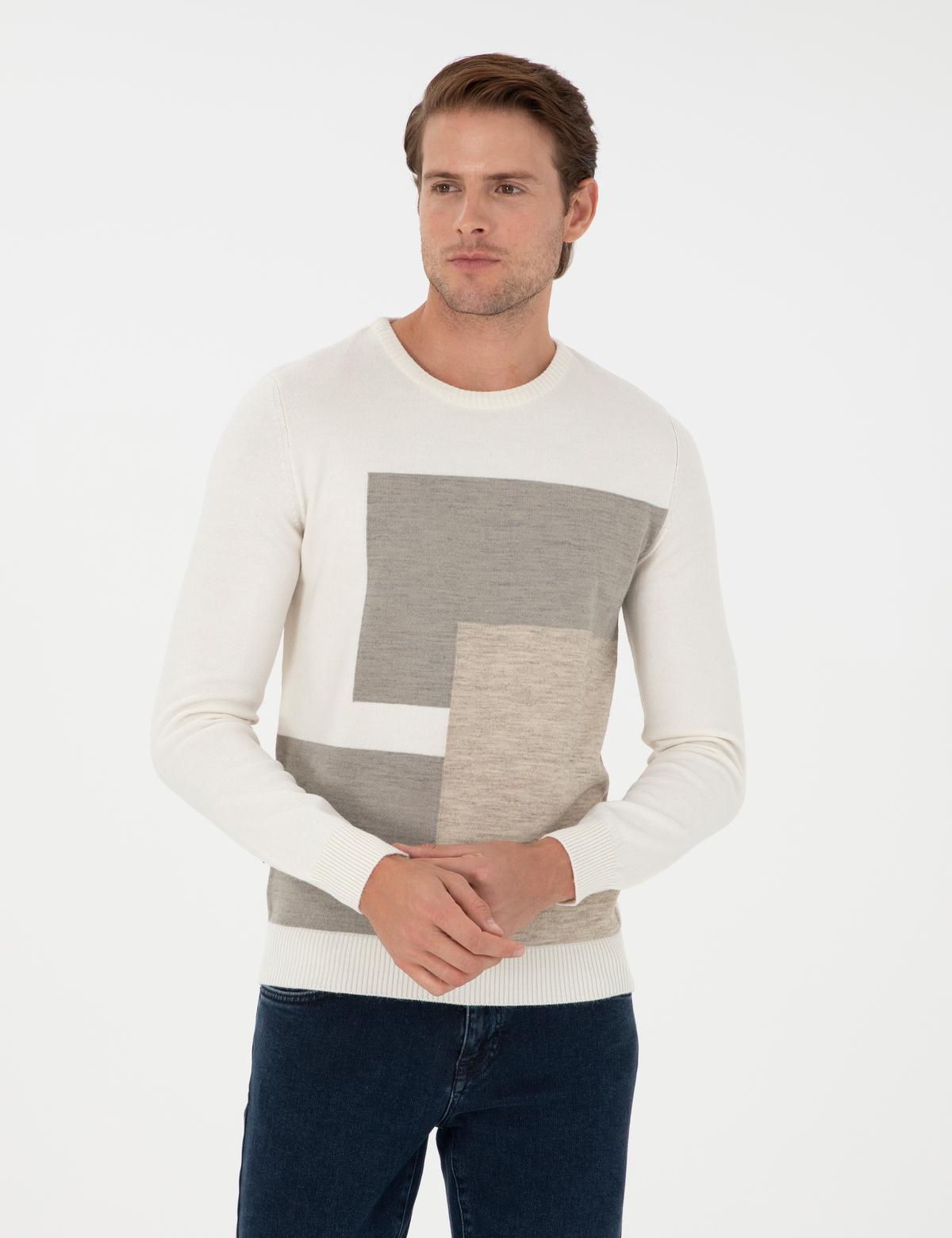 Ekru Slim Fit Bisiklet Yaka Triko Kazak