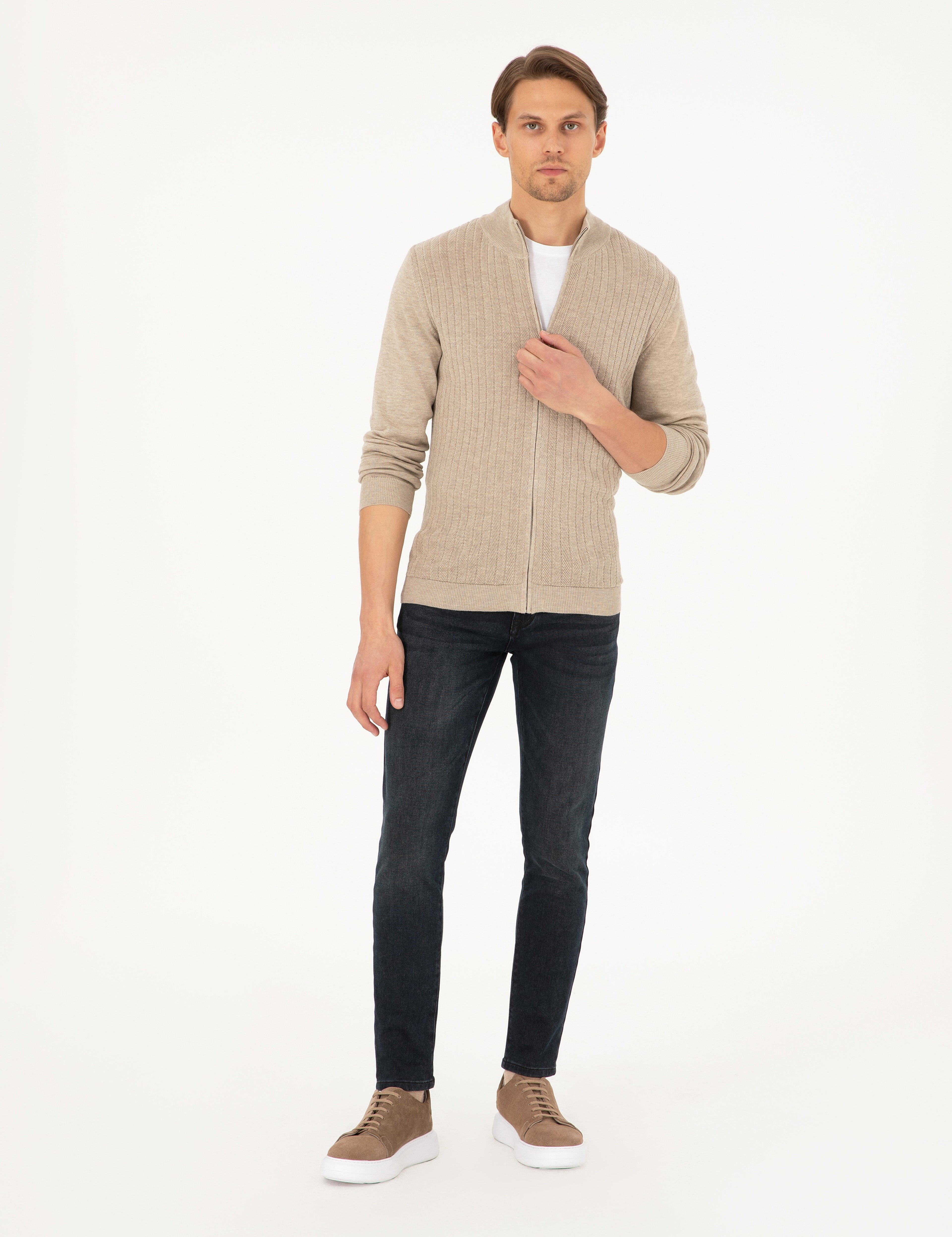 Kum Melanj Slim Fit Fermuarlı Triko Hırka - Image 4
