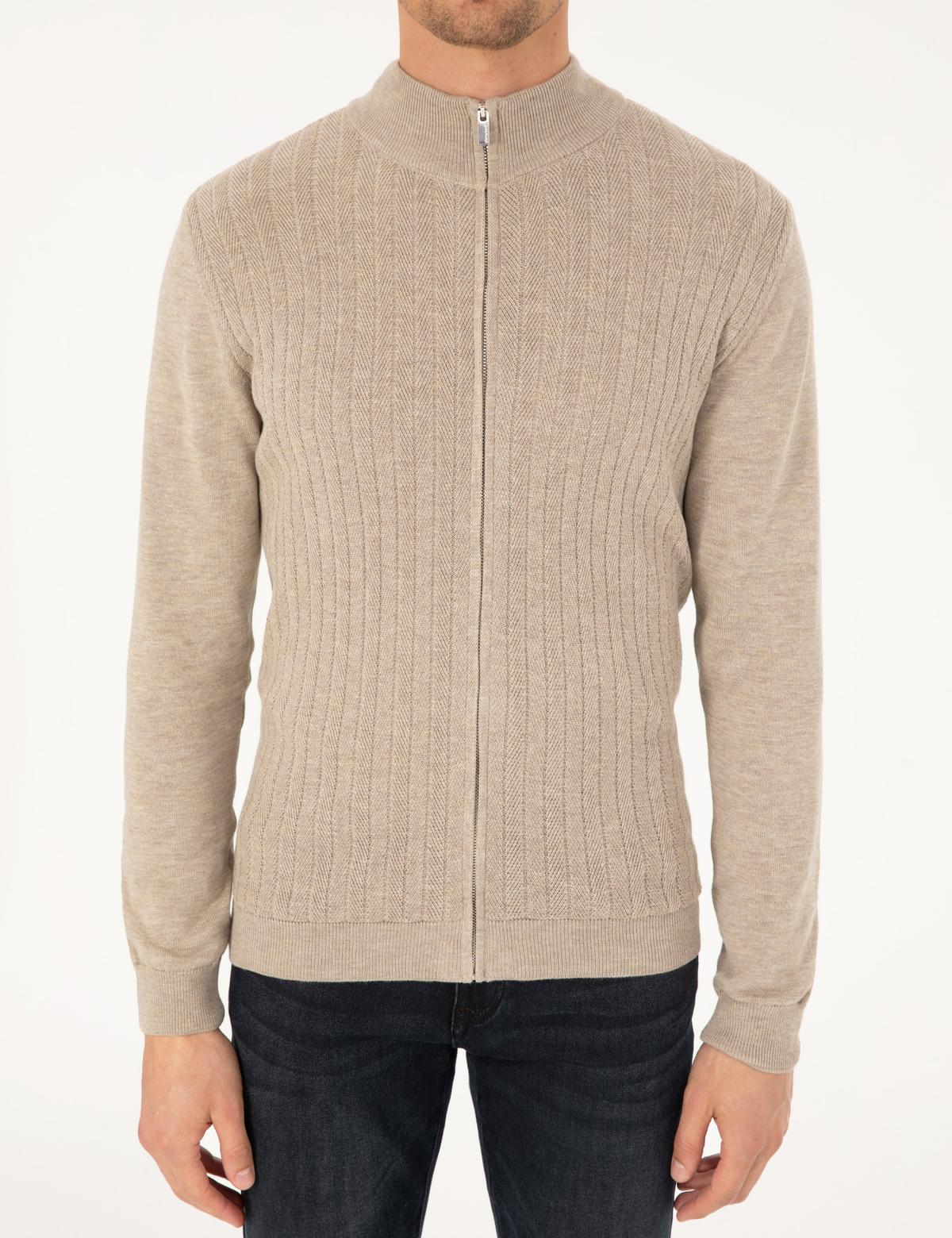 Kum Melanj Slim Fit Fermuarlı Triko Hırka - 50300508013