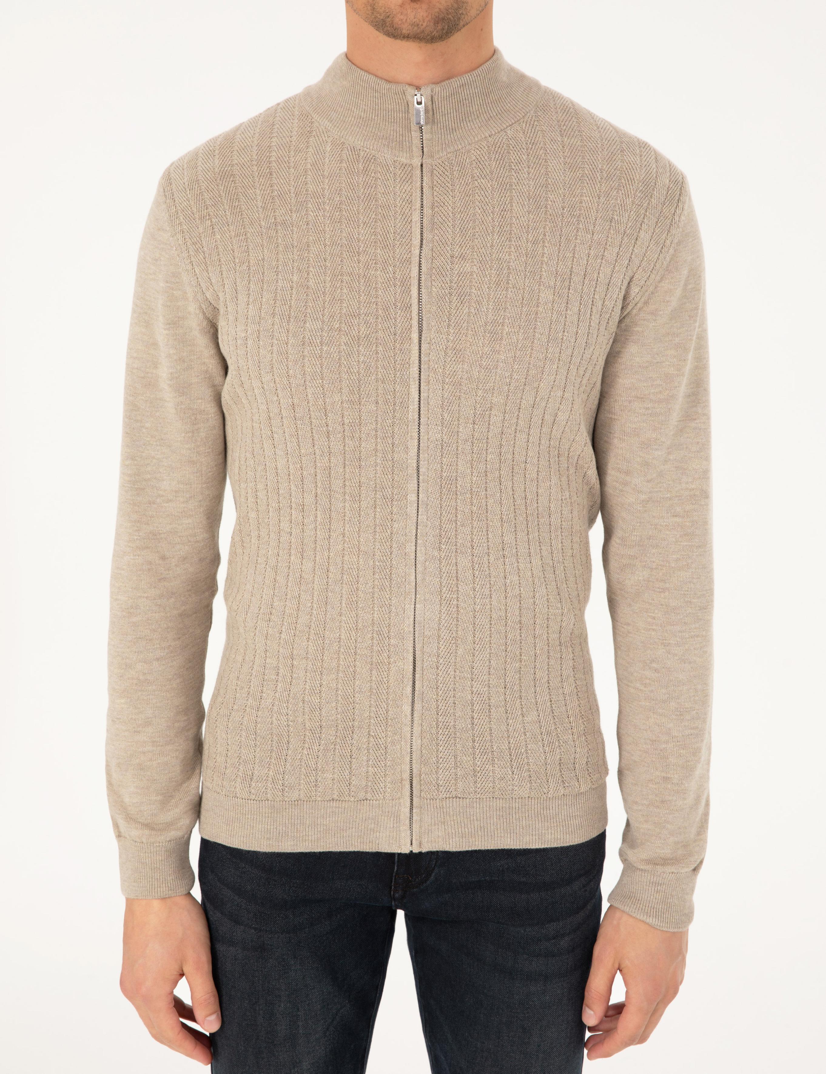 Kum Melanj Slim Fit Fermuarlı Triko Hırka