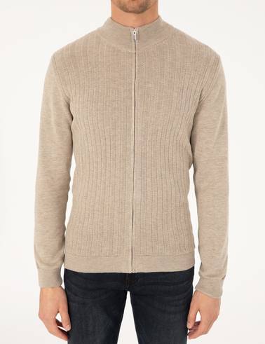 Kum Melanj Slim Fit Fermuarlı Triko Hırka