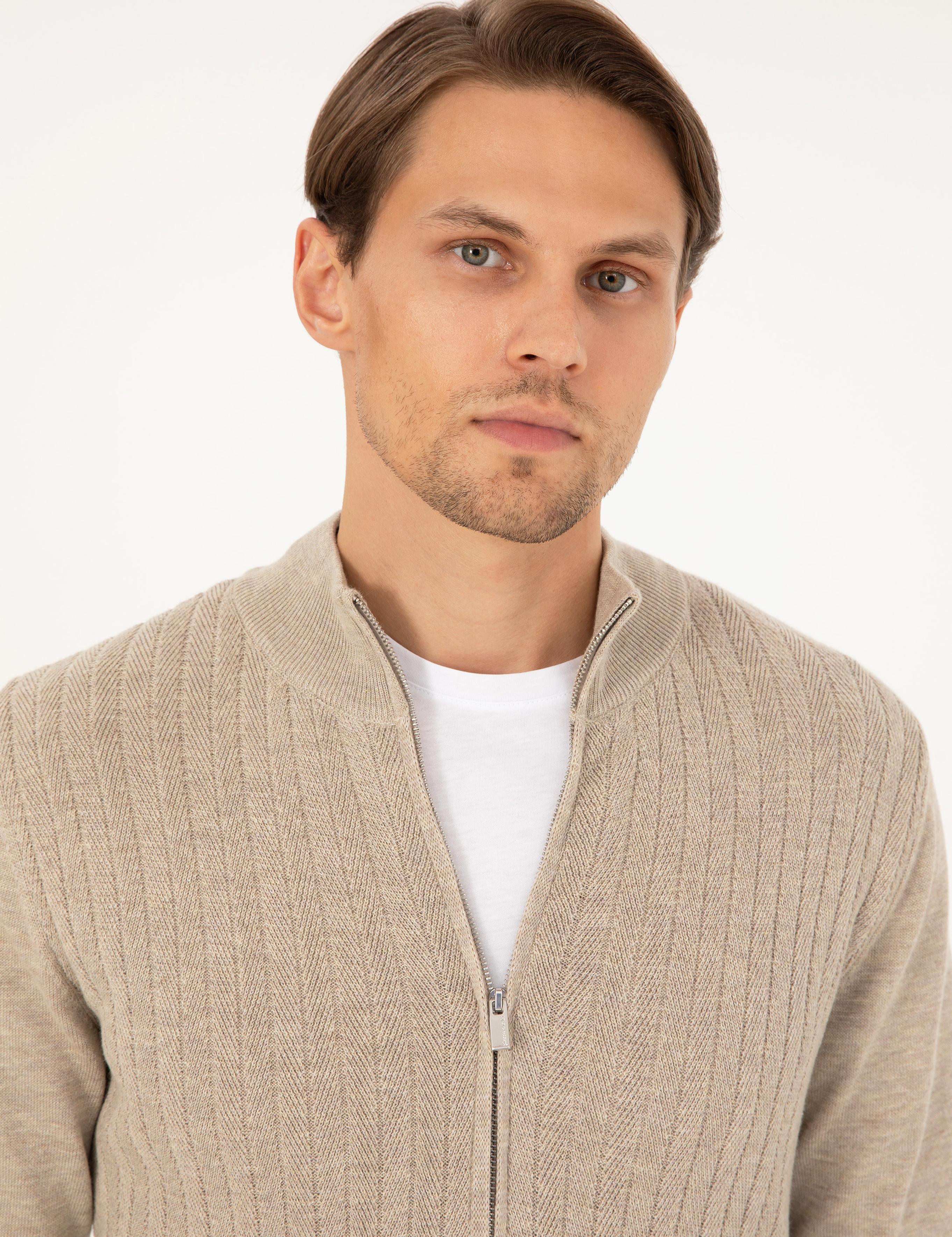 Kum Melanj Slim Fit Fermuarlı Triko Hırka