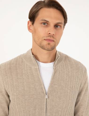 Kum Melanj Slim Fit Fermuarlı Triko Hırka