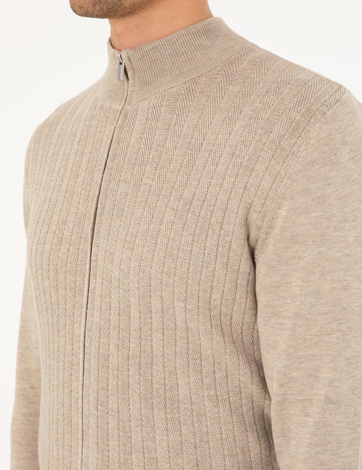 Kum Melanj Slim Fit Fermuarlı Triko Hırka - 50300508013