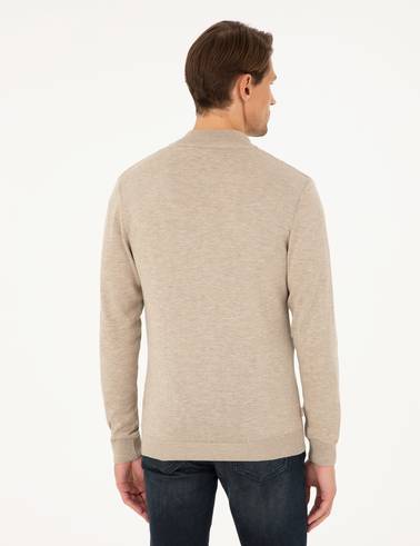 Kum Melanj Slim Fit Fermuarlı Triko Hırka