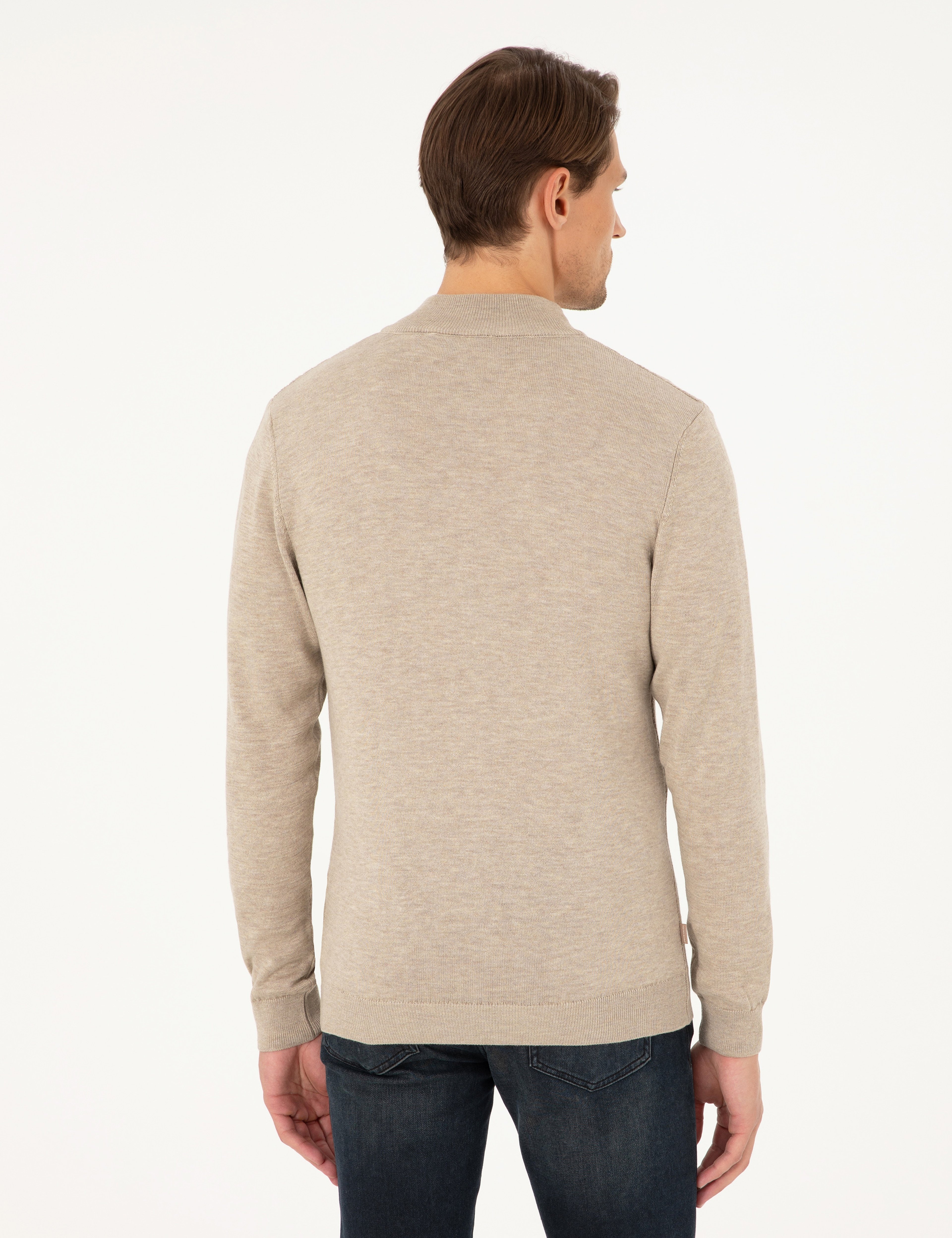 Kum Melanj Slim Fit Fermuarlı Triko Hırka