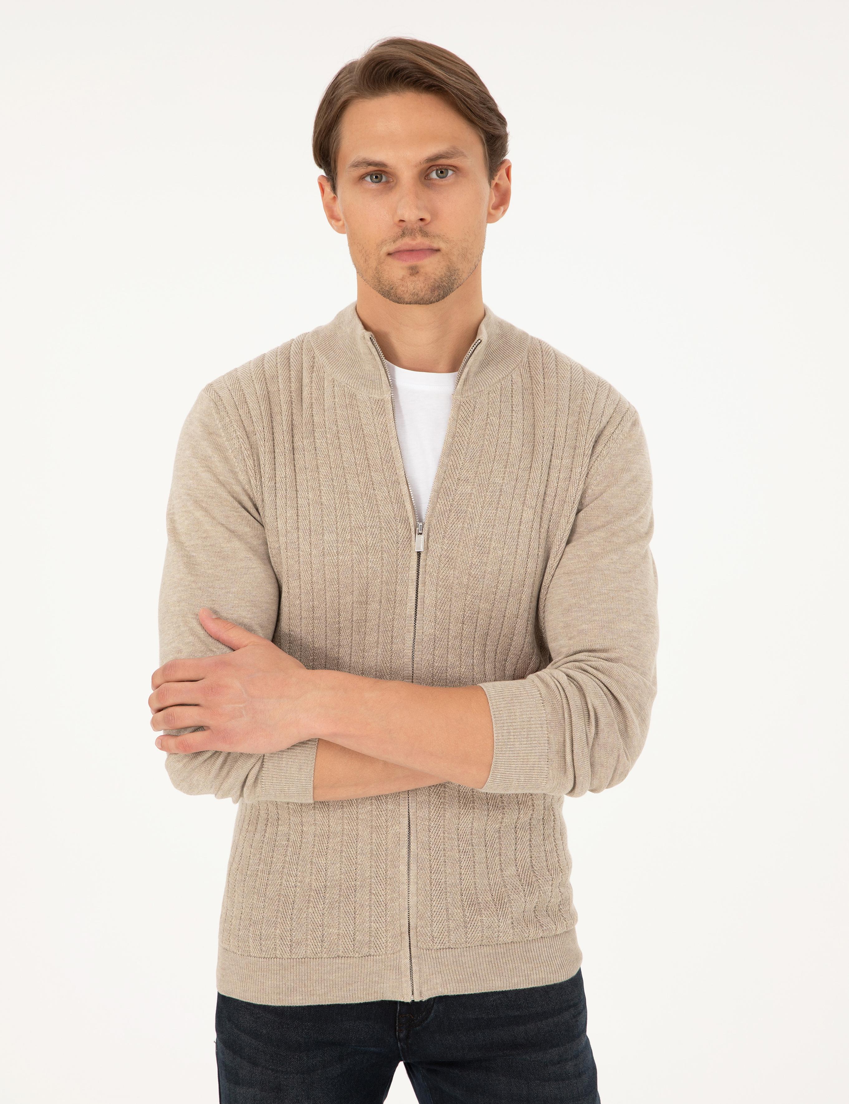 Kum Melanj Slim Fit Fermuarlı Triko Hırka