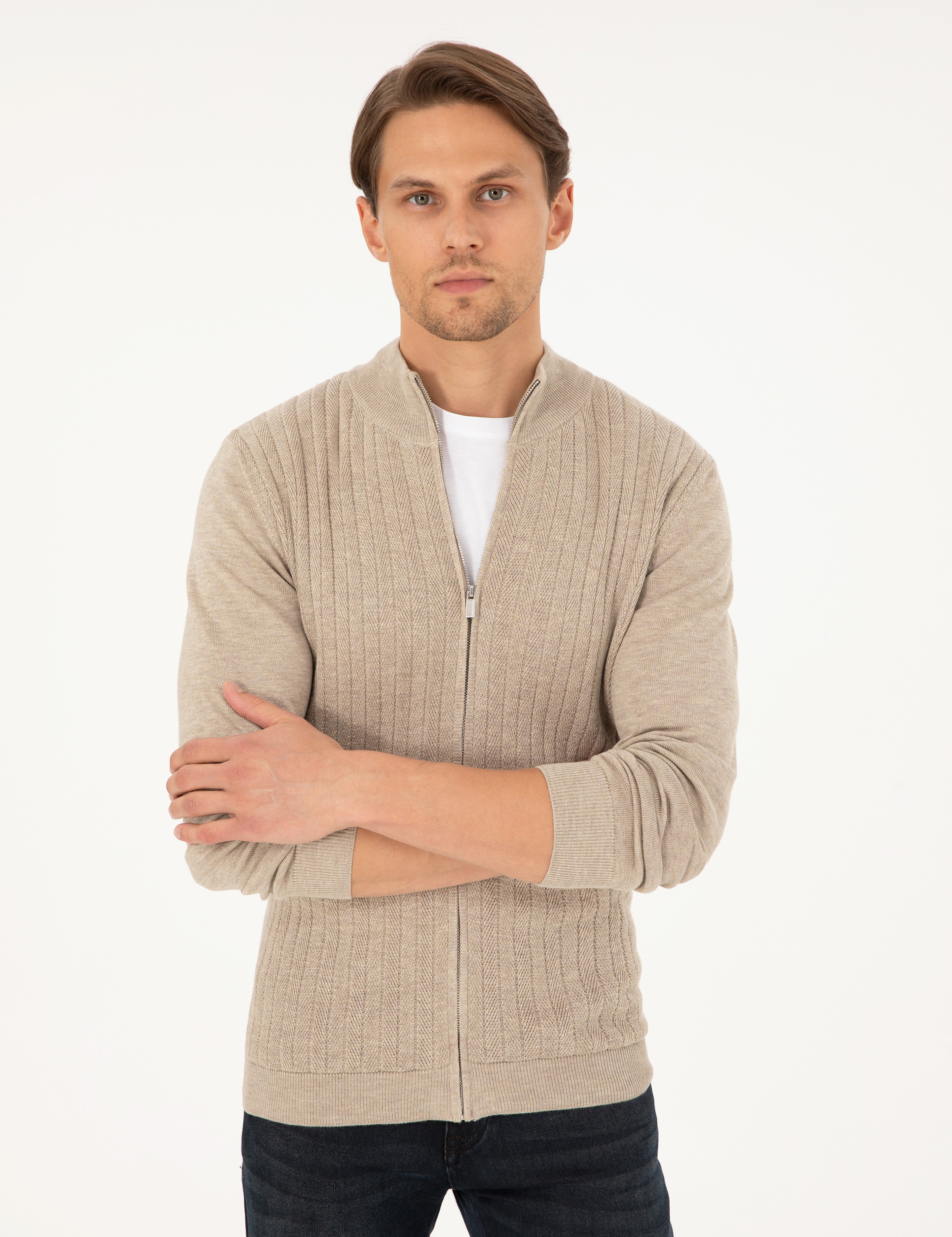 Kum Melanj Slim Fit Fermuarlı Triko Hırka - Image 3
