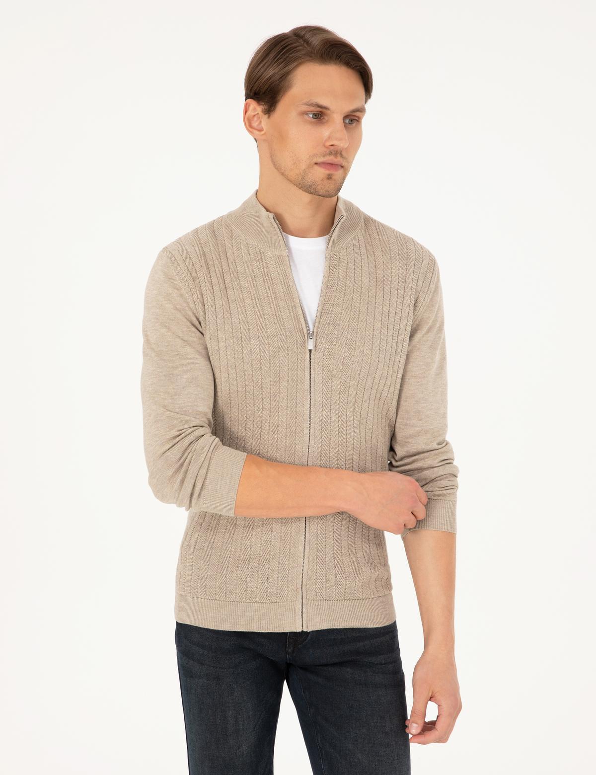 Kum Melanj Slim Fit Fermuarlı Triko Hırka