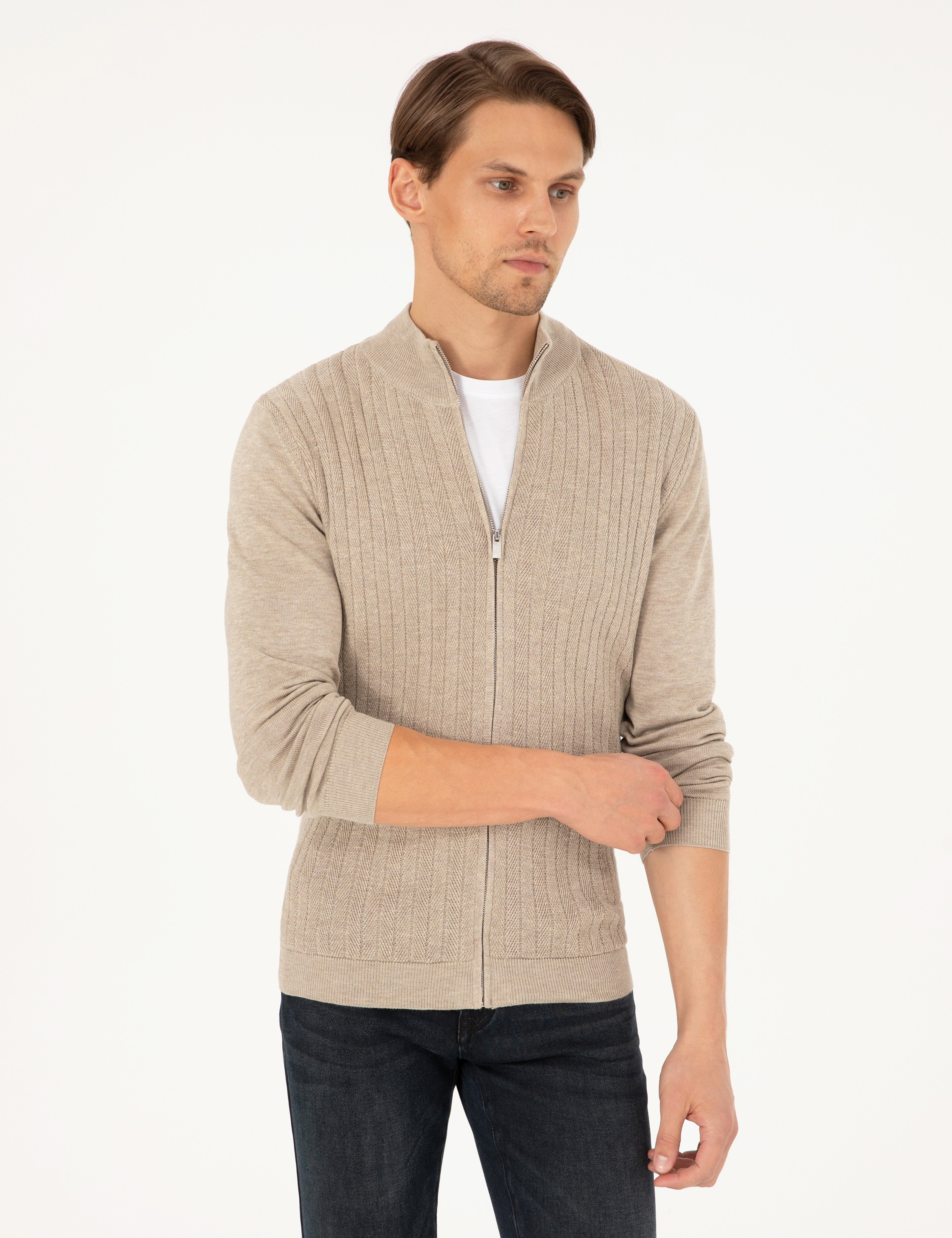 Kum Melanj Slim Fit Fermuarlı Triko Hırka