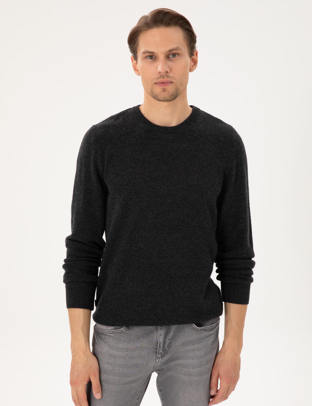 Antrasit Melanj Slim Fit Bisiklet Yaka Kaşmir Triko Kazak - 50303471026