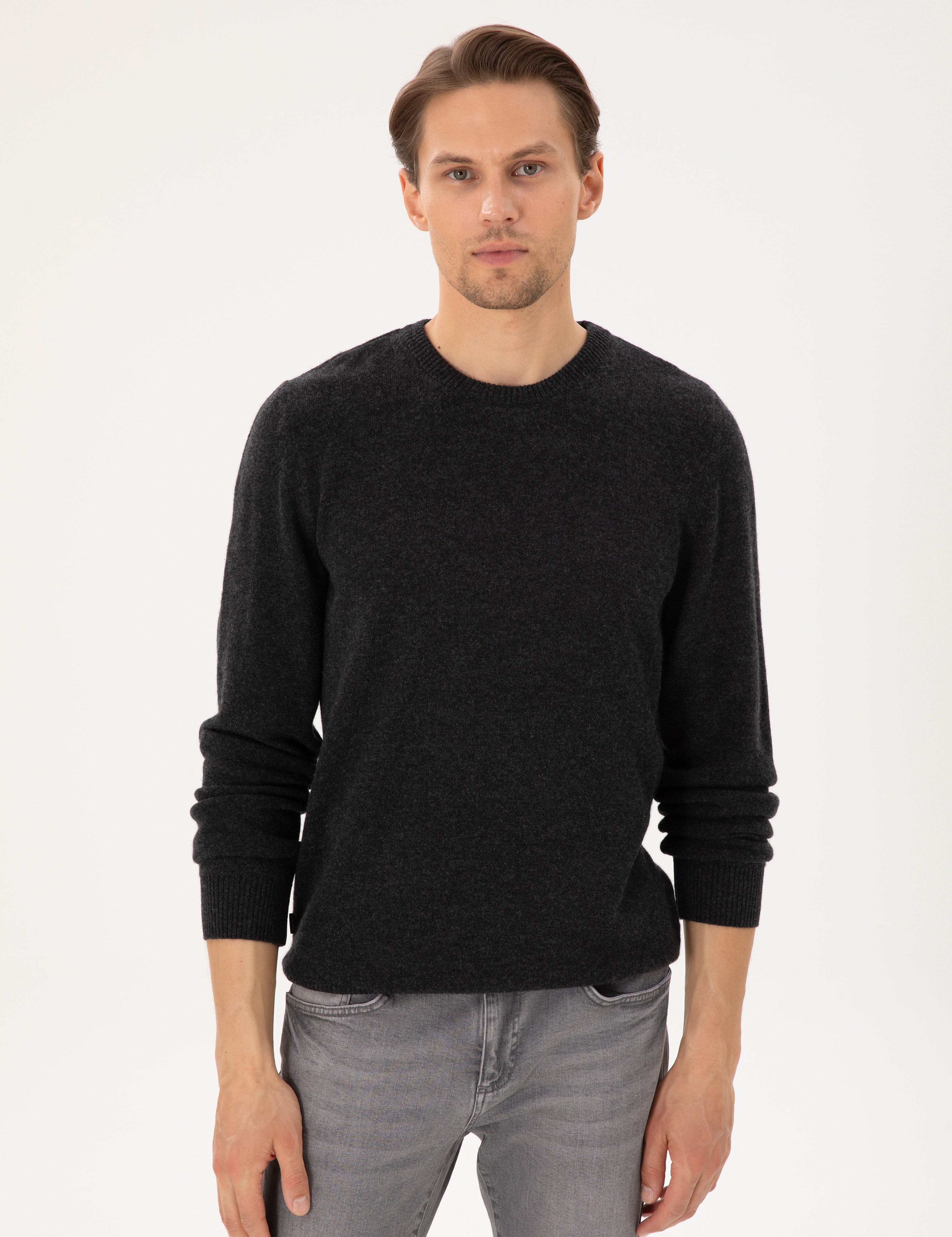 Antrasit Melanj Slim Fit Bisiklet Yaka Kaşmir Triko Kazak - Image 3