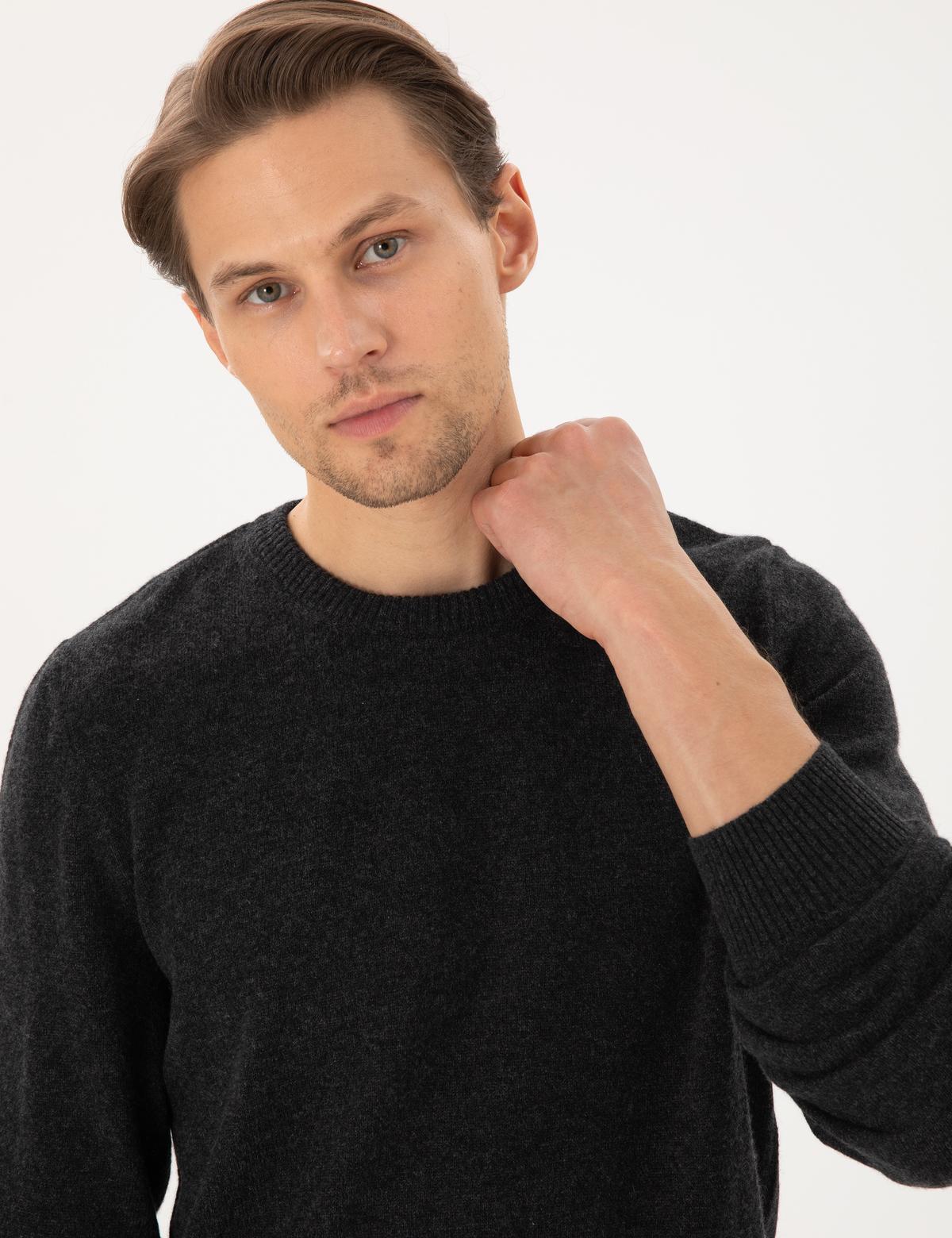 Antrasit Melanj Slim Fit Bisiklet Yaka Kaşmir Triko Kazak - 50303471026