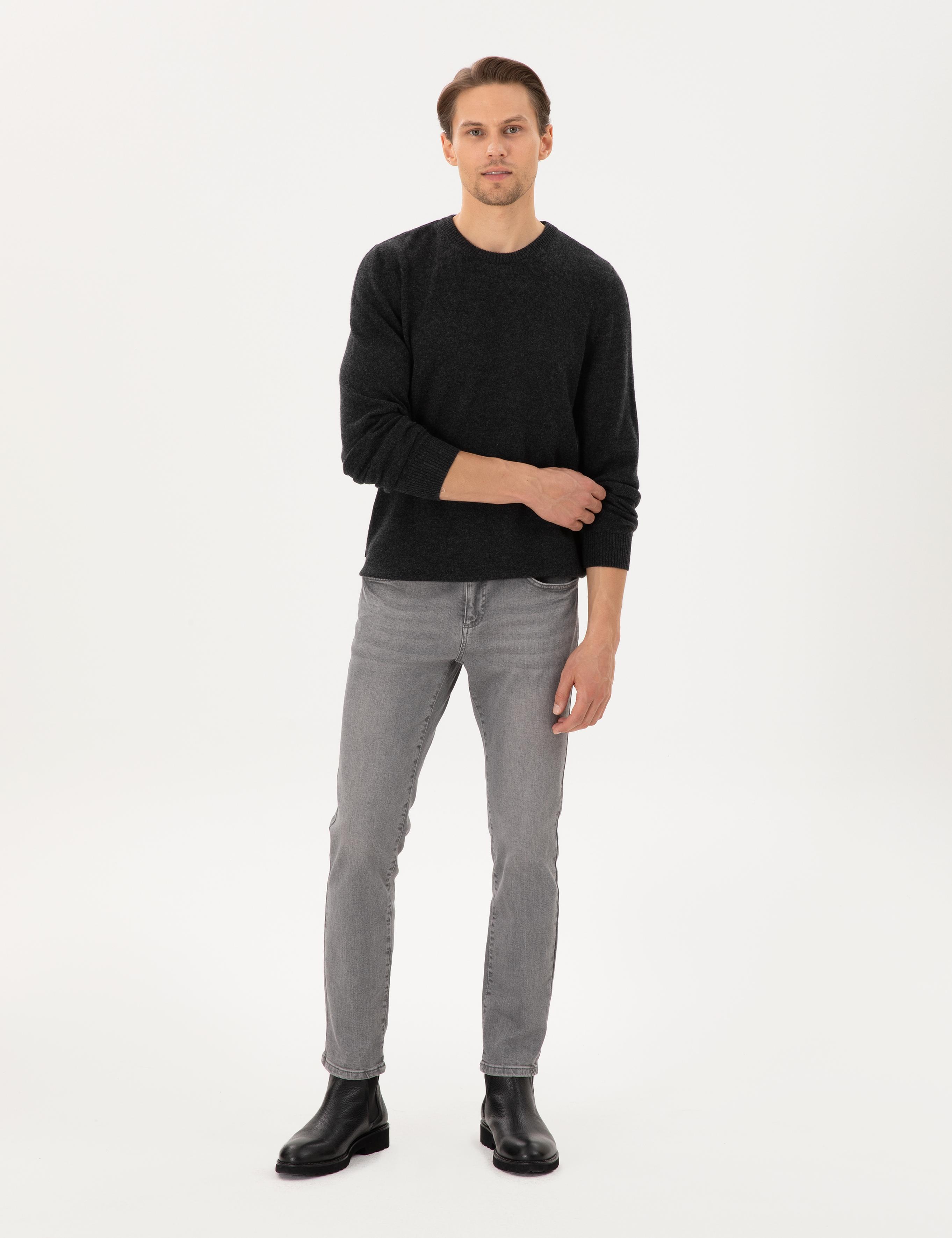 Antrasit Melanj Slim Fit Bisiklet Yaka Kaşmir Triko Kazak