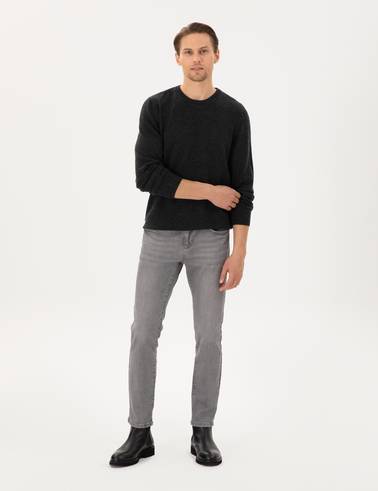 Antrasit Melanj Slim Fit Bisiklet Yaka Kaşmir Triko Kazak