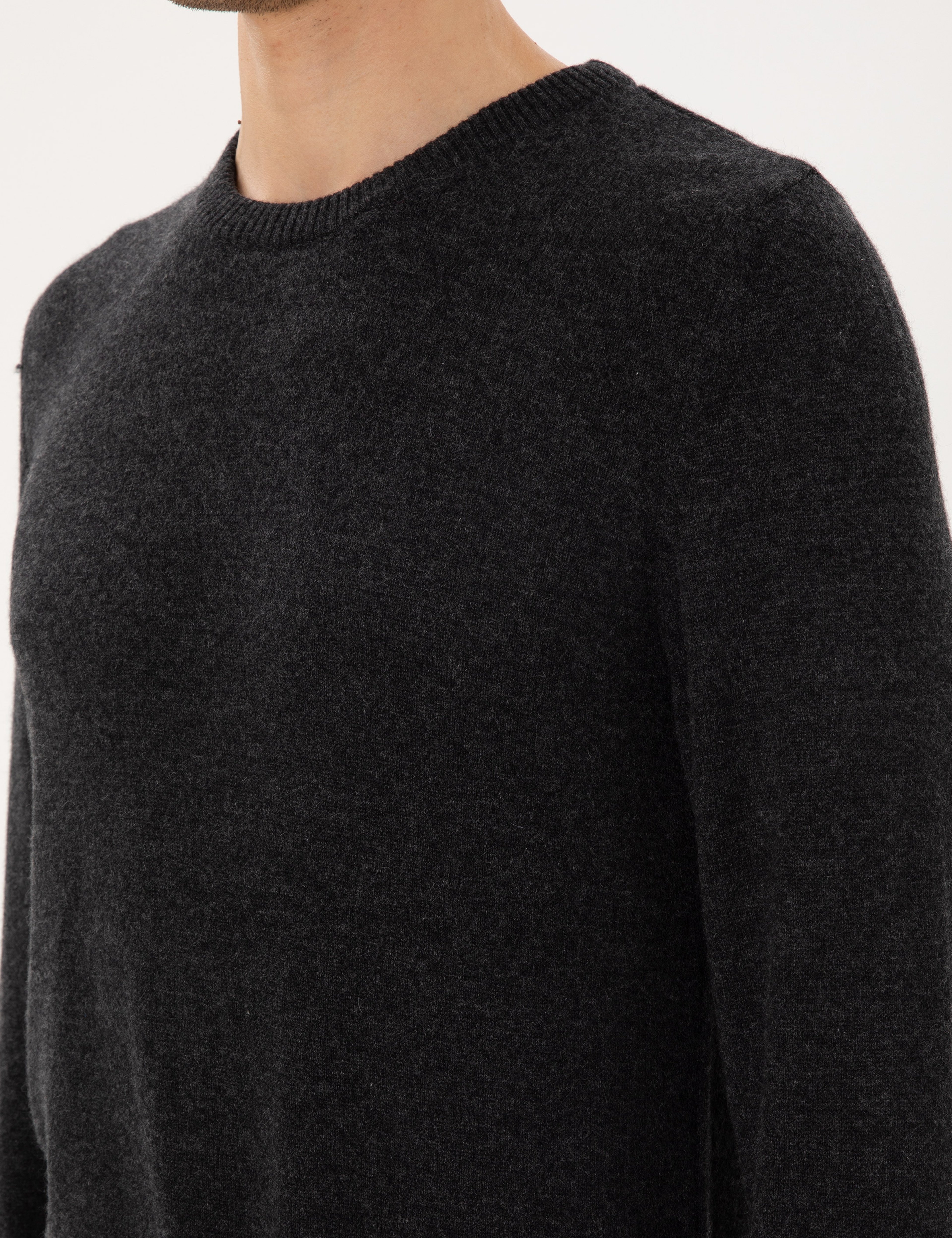 Antrasit Melanj Slim Fit Bisiklet Yaka Kaşmir Triko Kazak