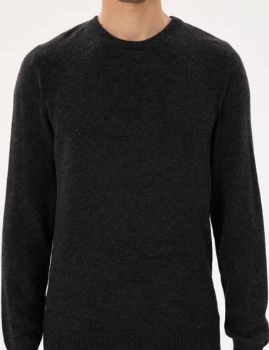 Antrasit Melanj Slim Fit Bisiklet Yaka Kaşmir Triko Kazak