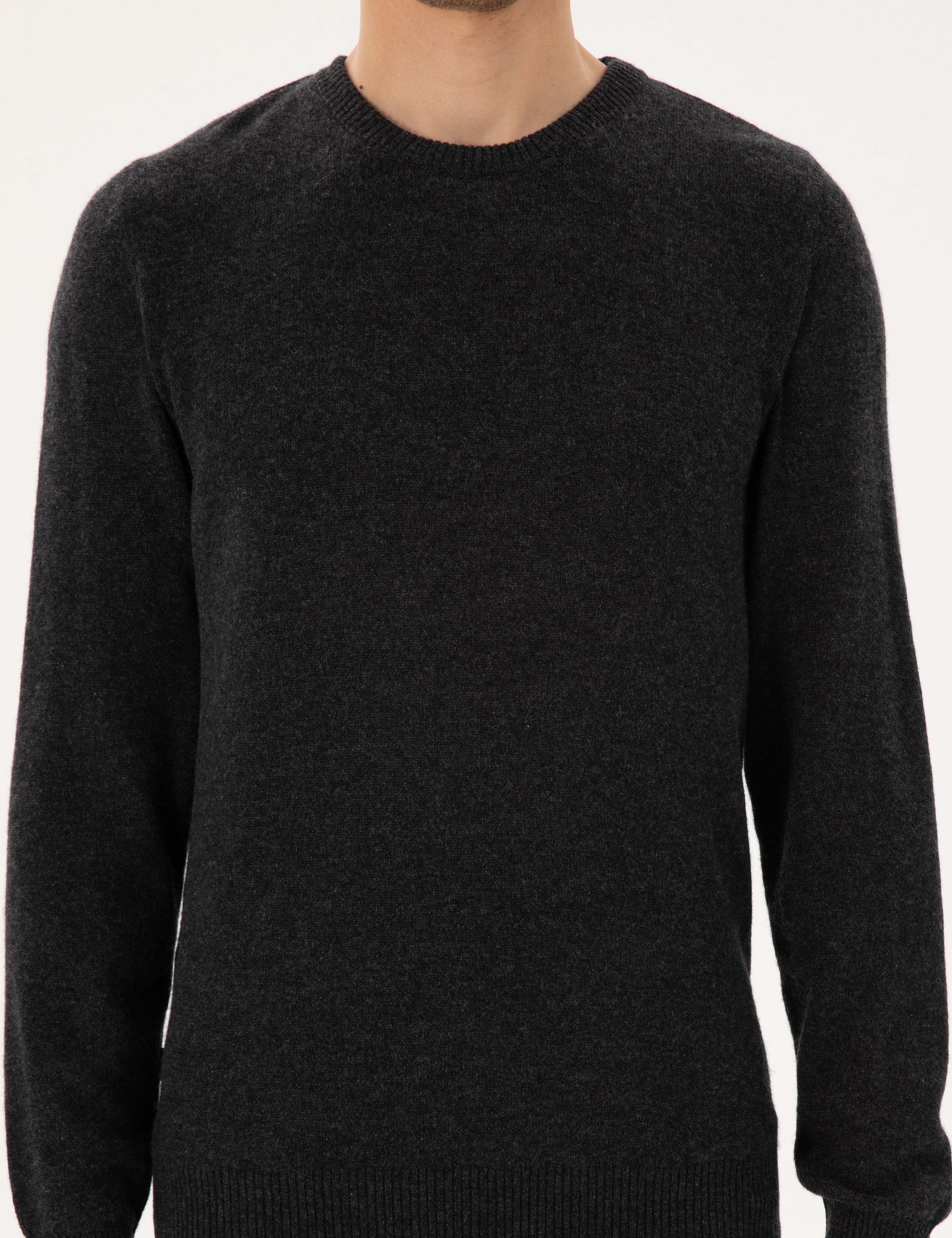 Antrasit Melanj Slim Fit Bisiklet Yaka Kaşmir Triko Kazak