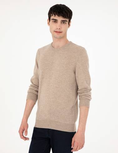 Vizon Melanj Slim Fit Bisiklet Yaka Kaşmir Triko Kazak