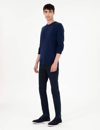 Lacivert Slim Fit Bisiklet Yaka Kaşmir Triko Kazak