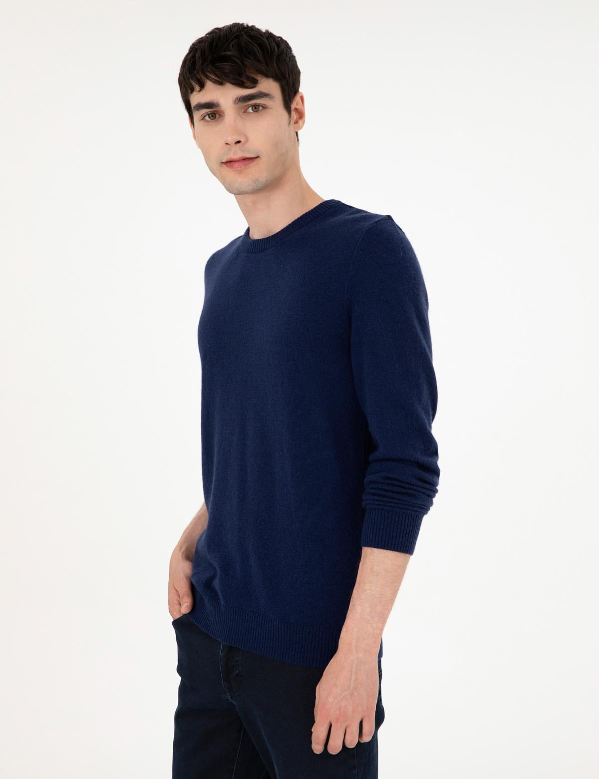 Lacivert Slim Fit Bisiklet Yaka Kaşmir Triko Kazak - 50303471016