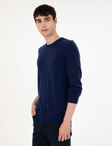 Lacivert Slim Fit Bisiklet Yaka Kaşmir Triko Kazak