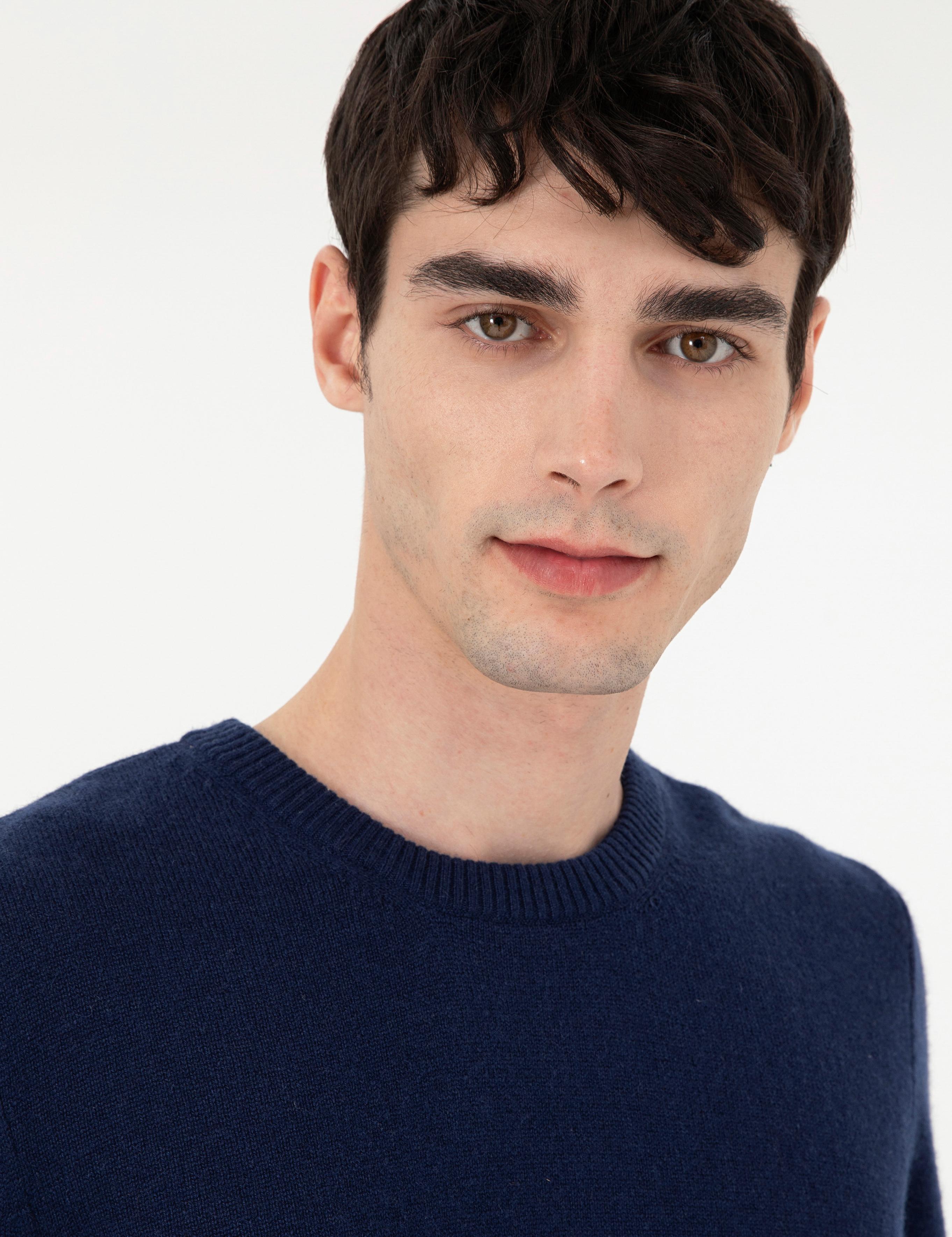 Lacivert Slim Fit Bisiklet Yaka Kaşmir Triko Kazak