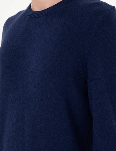 Lacivert Slim Fit Bisiklet Yaka Kaşmir Triko Kazak