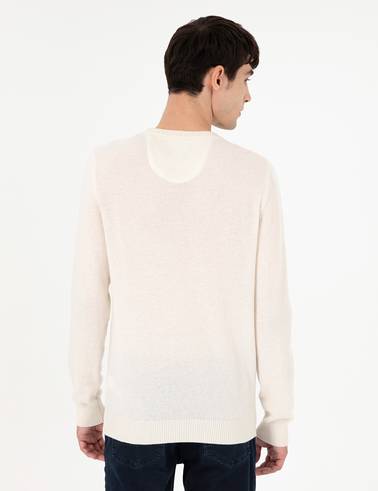 Ekru Slim Fit Bisiklet Yaka Kaşmir Triko Kazak