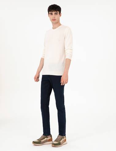 Ekru Slim Fit Bisiklet Yaka Kaşmir Triko Kazak