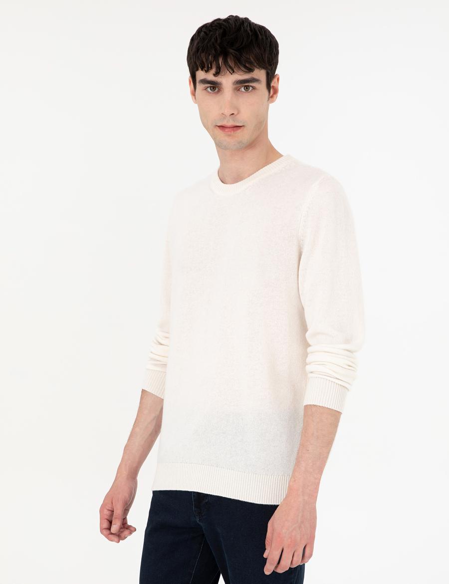 Ekru Slim Fit Bisiklet Yaka Kaşmir Triko Kazak