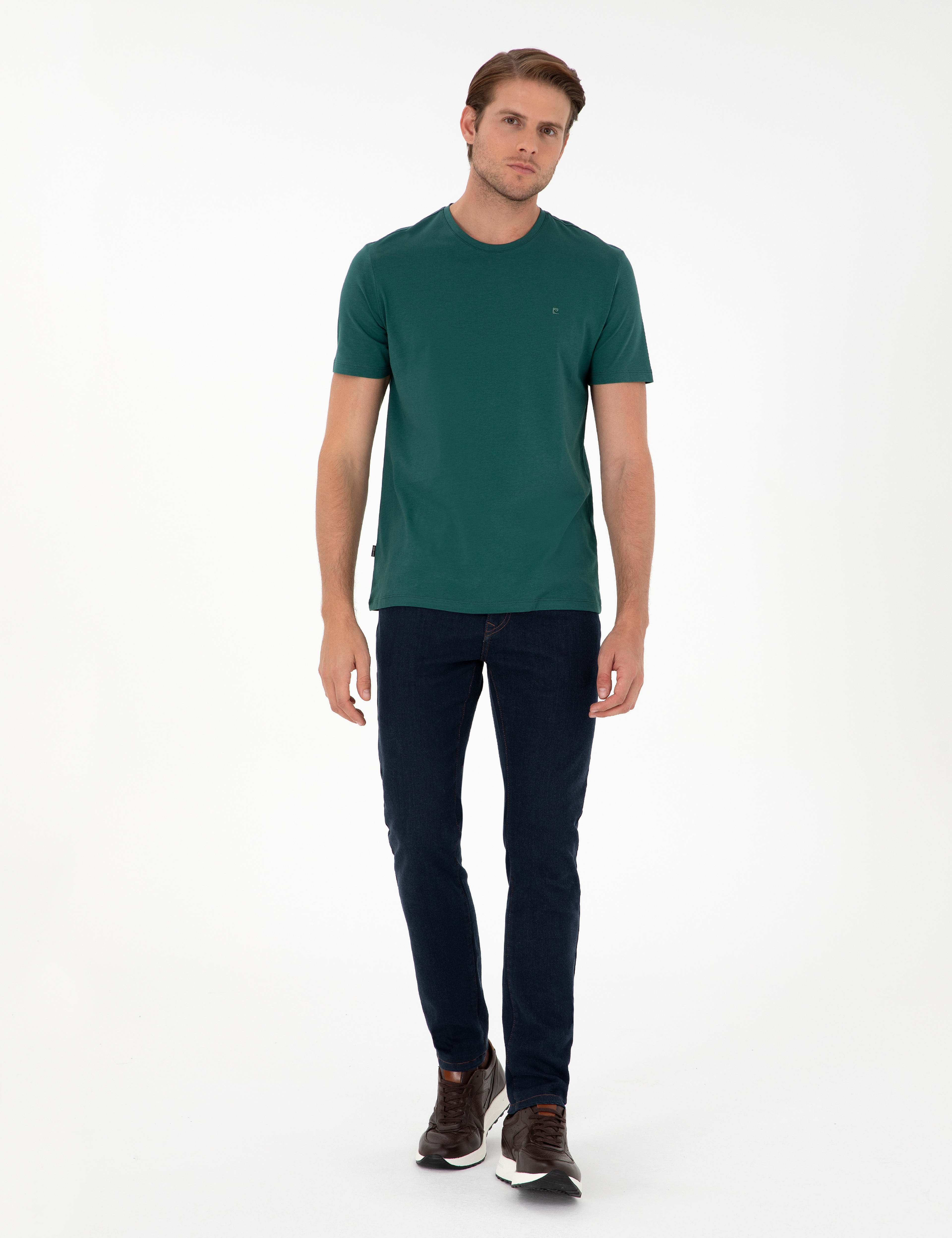 Koyu Yeşil Slim Fit %100 Pamuk Bisiklet Yaka Basic Tişört - Image 4